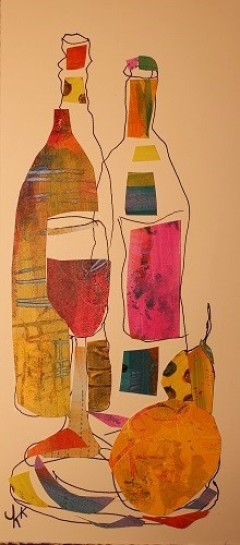 wine bottle collage with papers